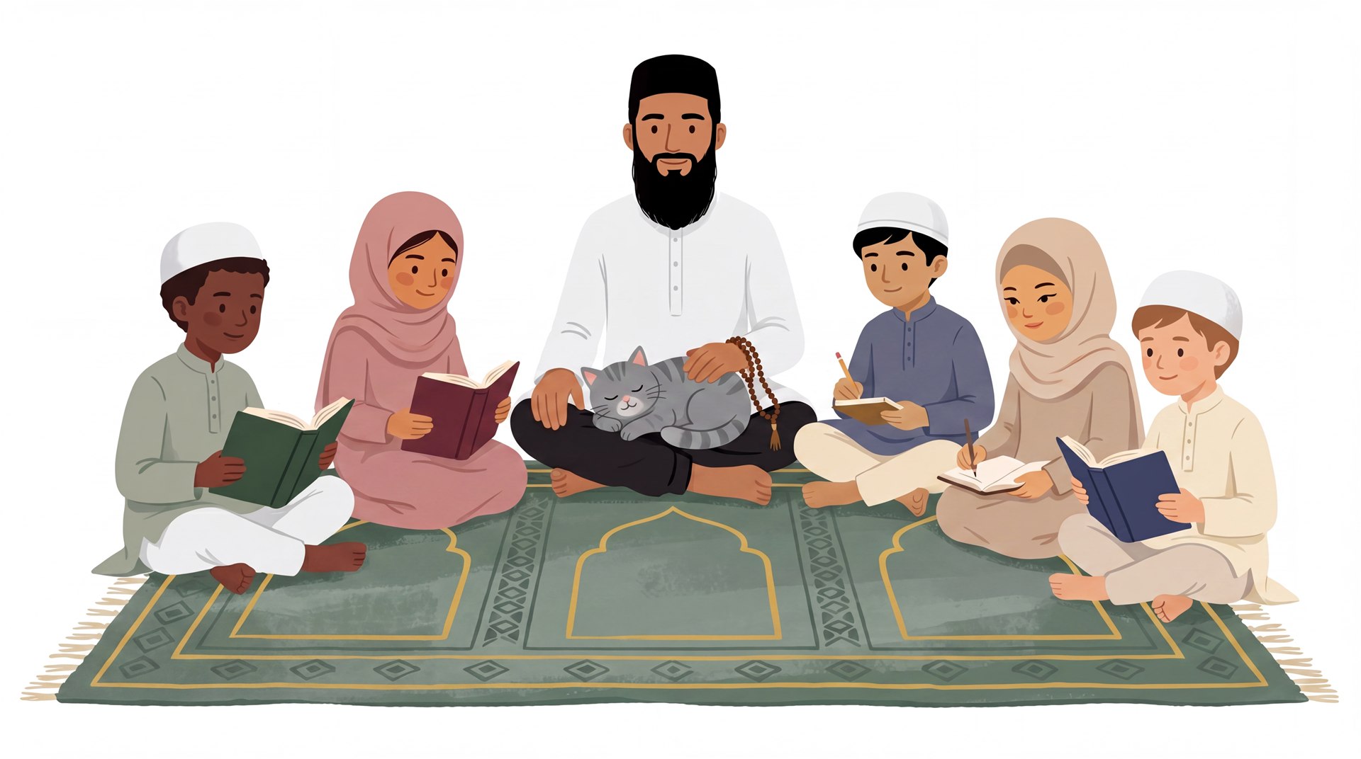 Shaykh Abdullah teaching a Hifz circle of five children on a traditional masjid carpet