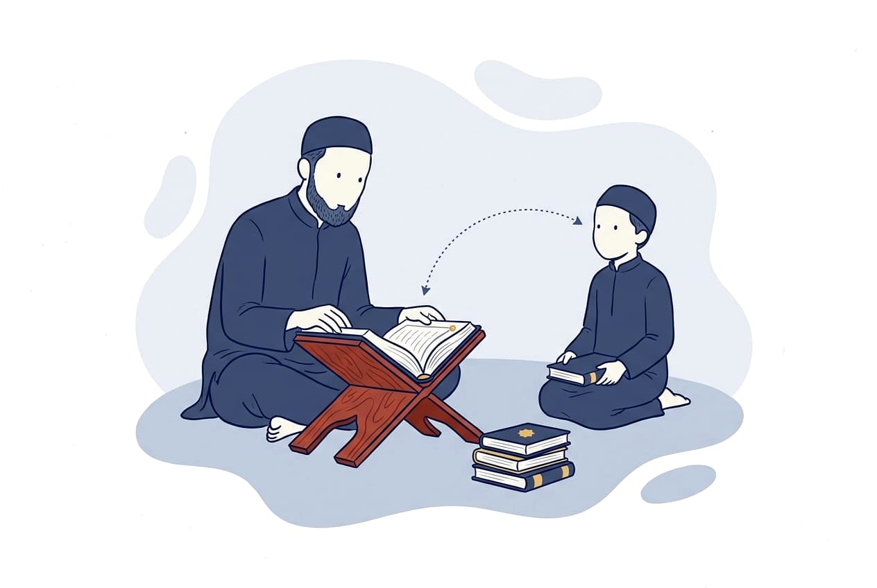 Illustration of a teacher following along in an open Qur'an on a rehal while a young student recites from memory, his own Qur'an closed in his lap